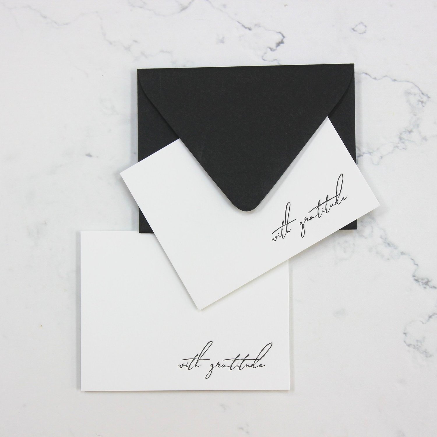 With gratitude letterpress cards and black envelope, overhead