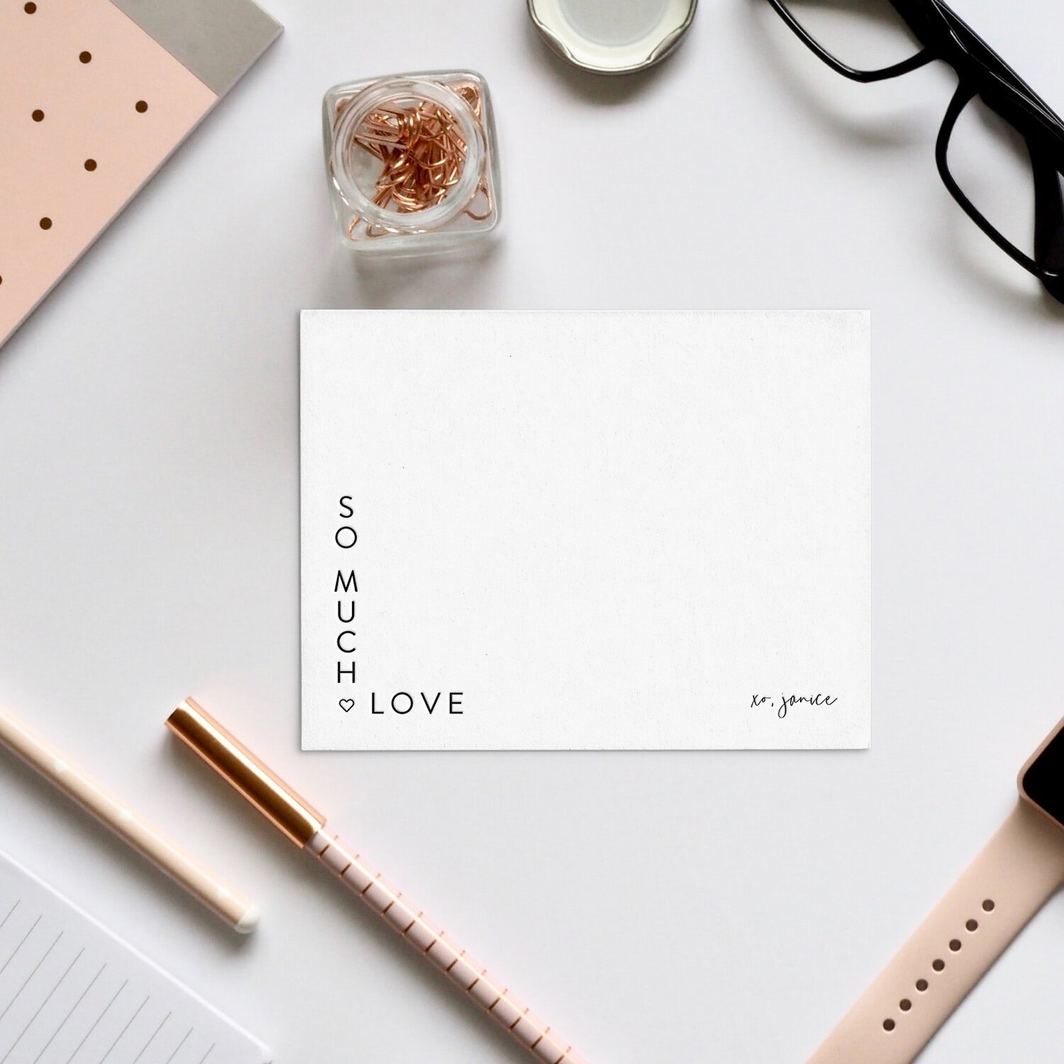 Personalized script card with a coral envelope and wax seal