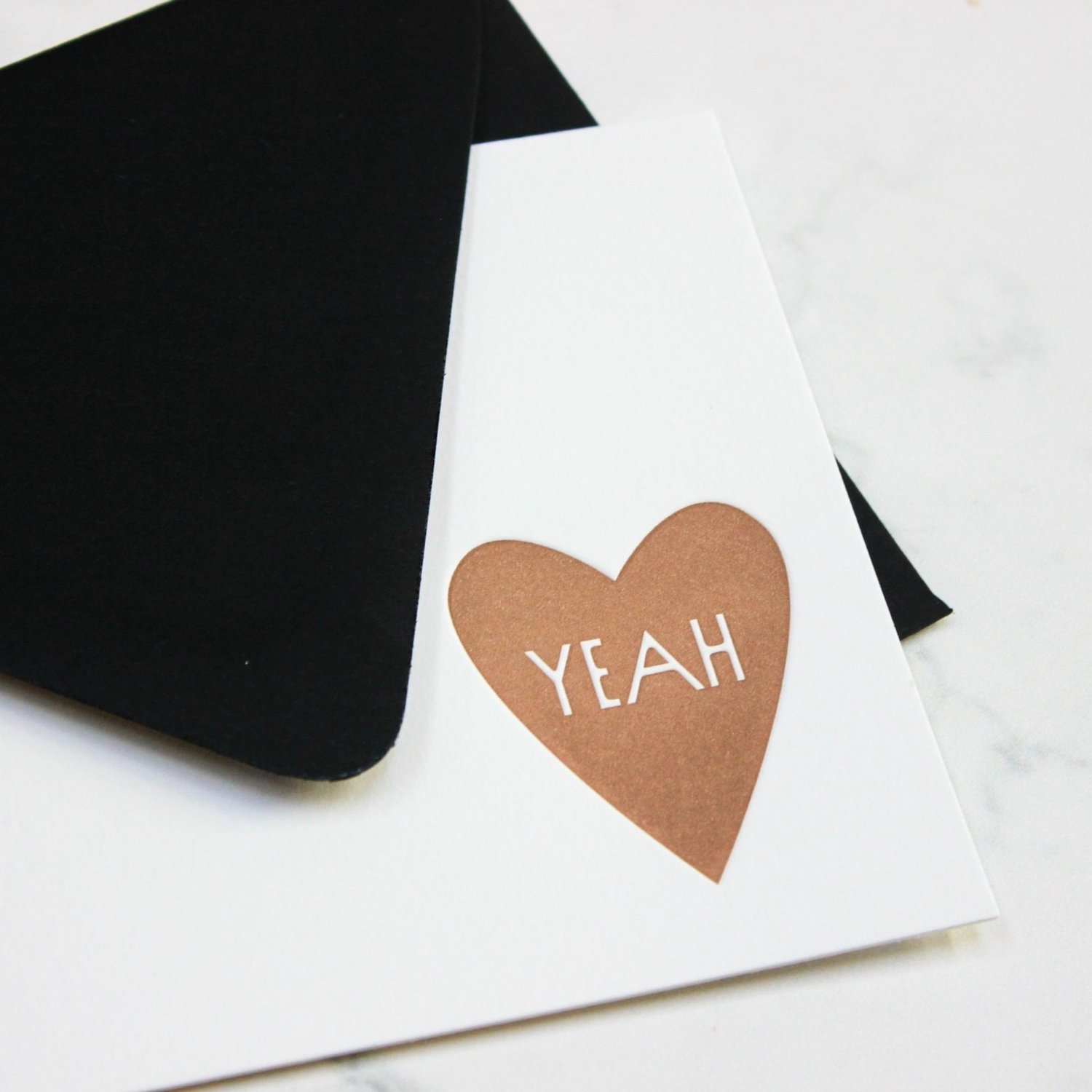 Copper heart letterpress card with black envelope