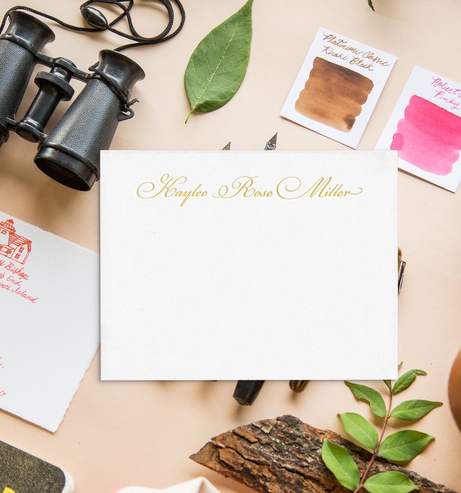 Gold foil personalized stationery with ink swatches